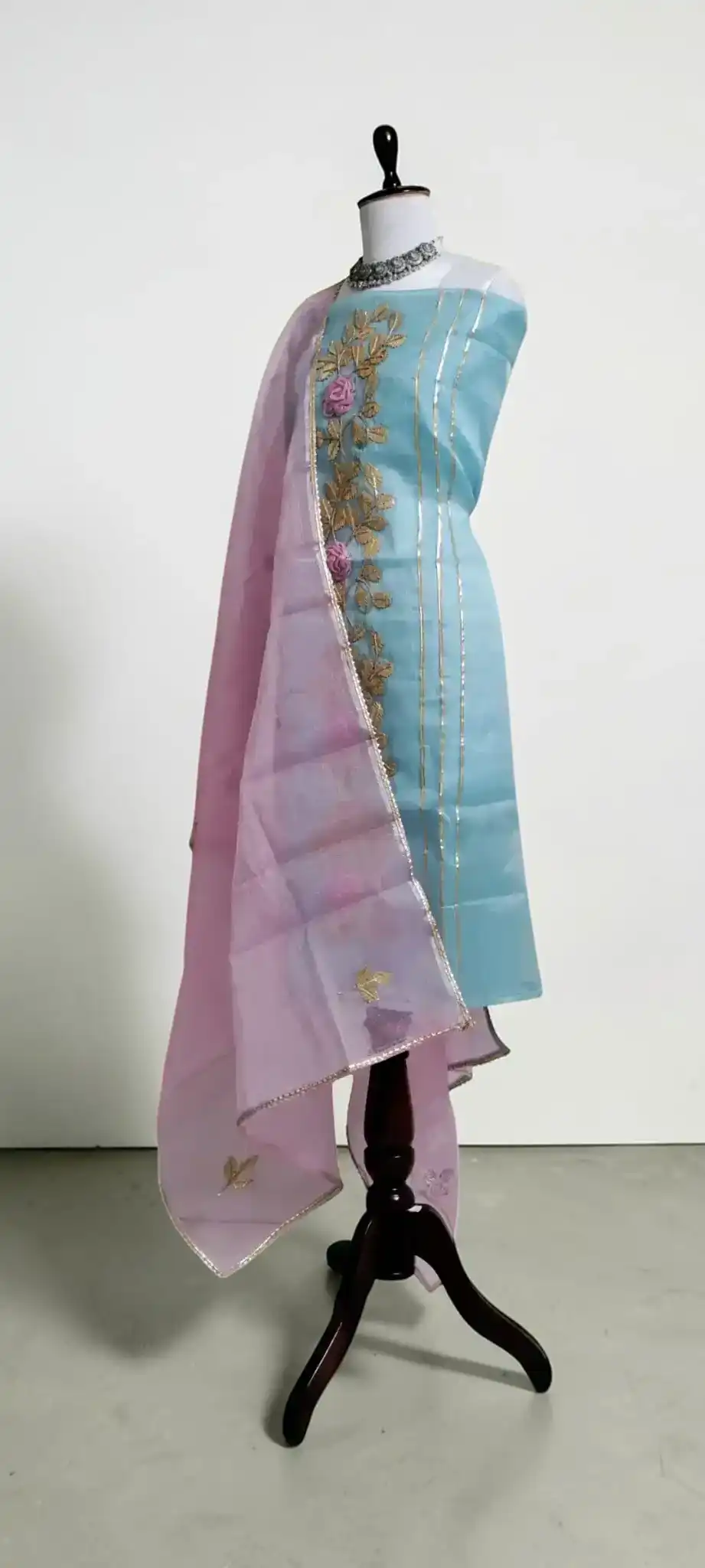 Handwoven Kota Doria Dress Material in Rose with Hand Embroidery view 2