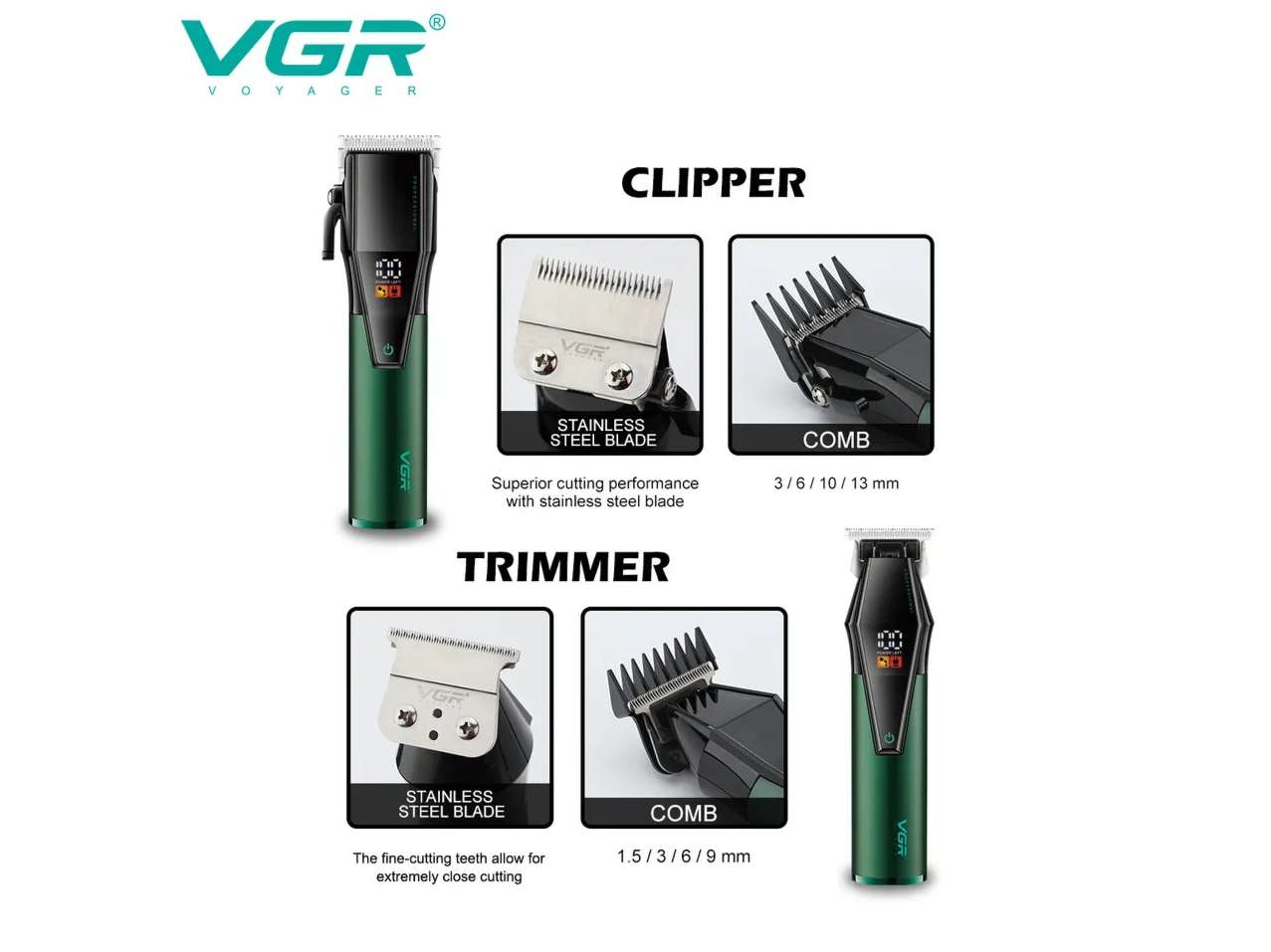 VGR V-677 Professional Salon Hair Clipper & Trimmer Combo Set Trimmer 440 min Runtime 13 Length Settings (Green, Black) view 2