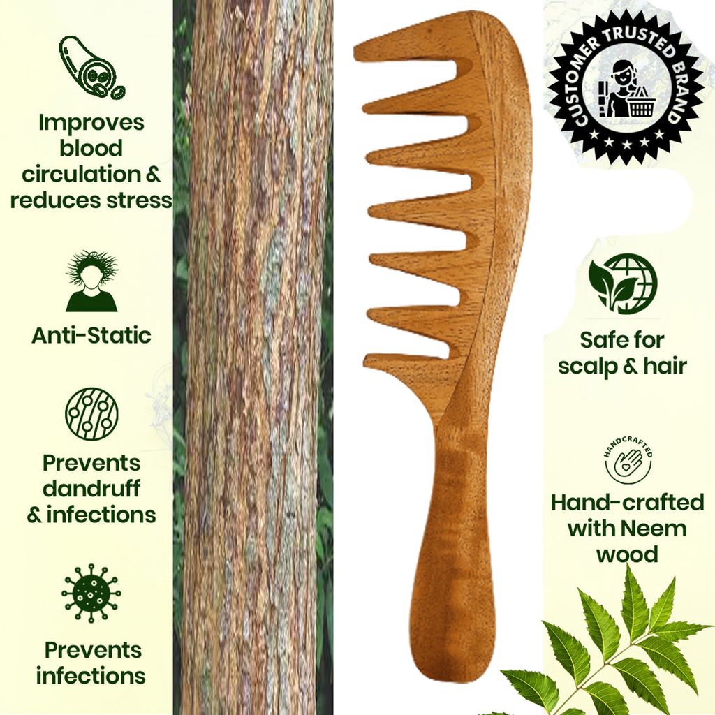 Rufiys Pure Neem Wooden Wide Tooth Comb | Neem Wood Hair Comb for Women & Men | Hair Growth | Anti Dandruff | Detangling Comb Pack of 1 view 2