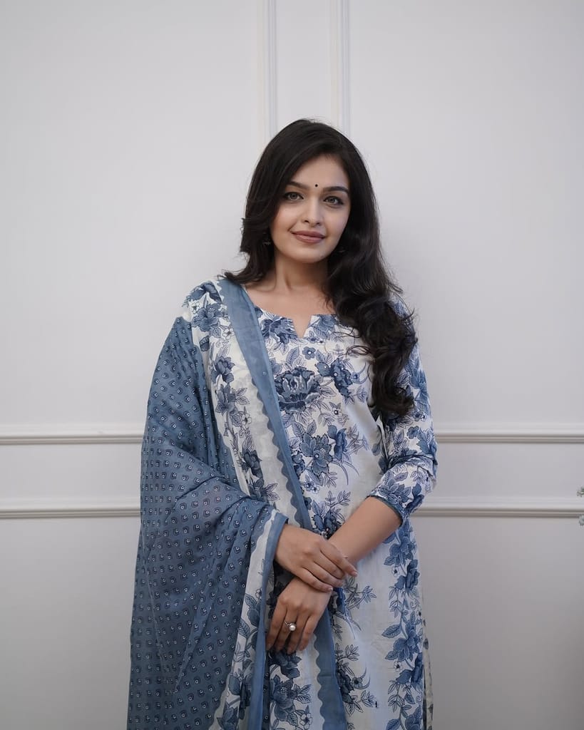 Women's Elegant Blue Printed Cotton Kurti Pant Dupatta Set - Lightweight, Breathable, Stylish, Durable, and Comfortable view 2