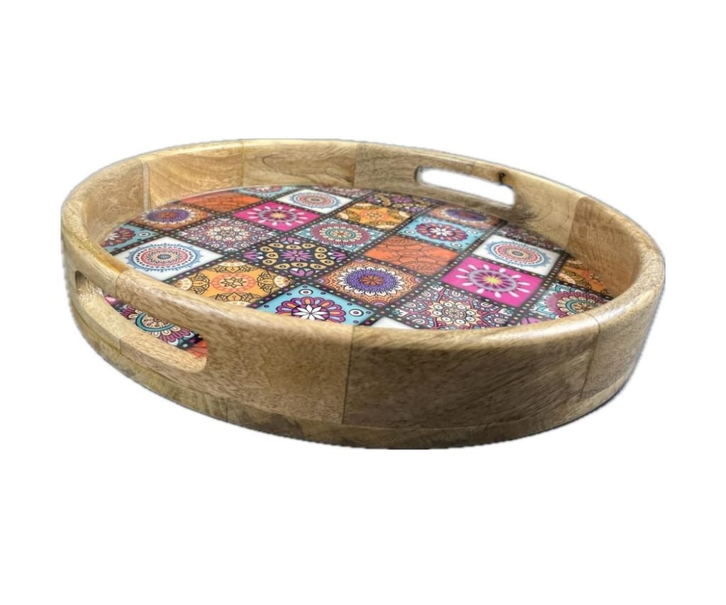 Wooden Tray Round Resin Coated Rangoli Graphics view 2