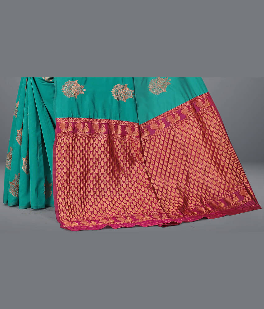 Om Shantam Sarees Jacquard Embellished Saree With Unstitched Blouse Piece ( Turquoise ) view 2