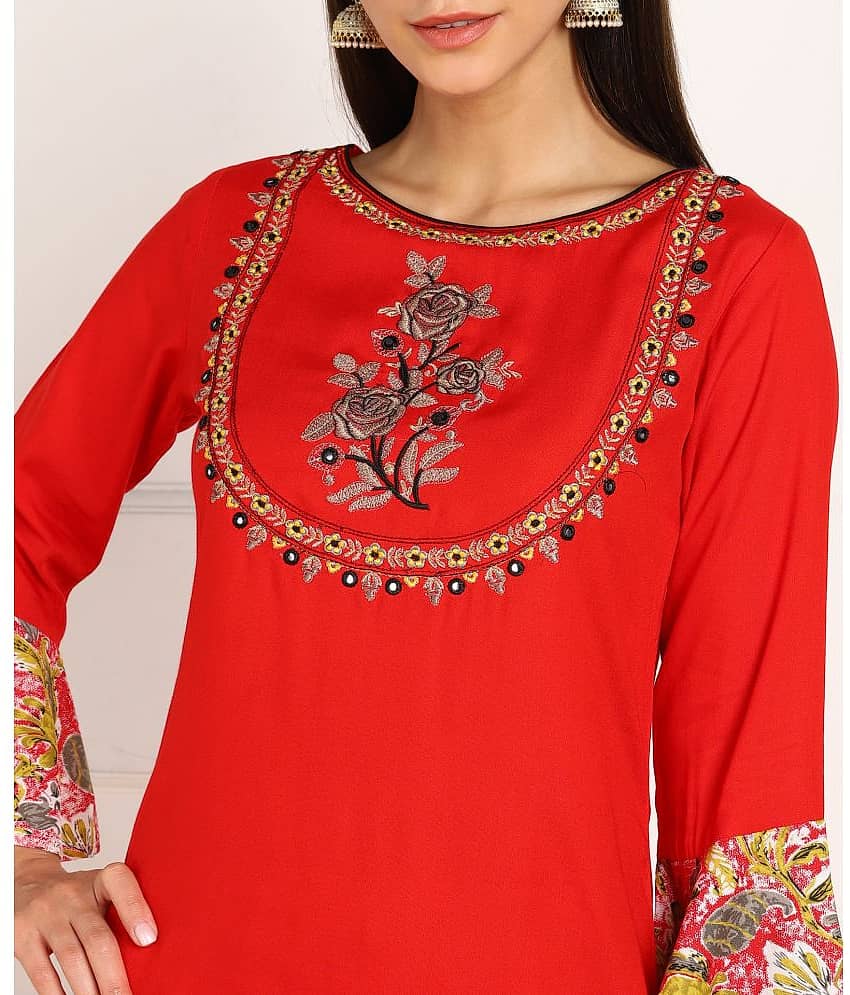 VAHSON - Red Rayon Women's Straight Kurti ( Pack of 1 ) view 2