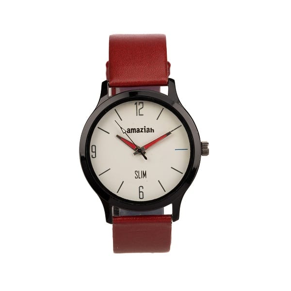 Mens Analog Watch with Black Dial and Red Leather Strap