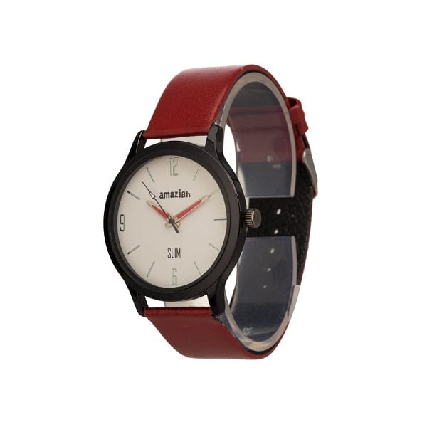 Mens Analog Watch with Black Dial and Red Leather Strap view 2