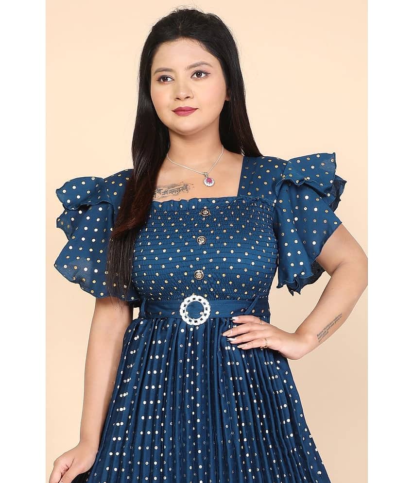 NEWSIFA Women Cotton Blend Printed Fit & Flare Dress ( Blue ) view 2