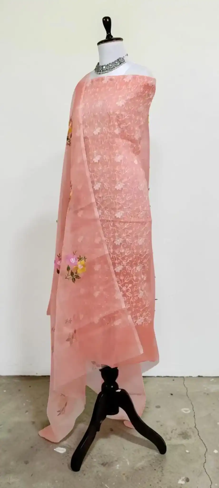 Handwoven Kota Doria Dress Material with Gota Patti Floral Embroidery view 2