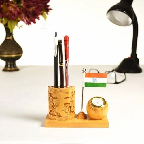 Wooden pen stand with clock and flag