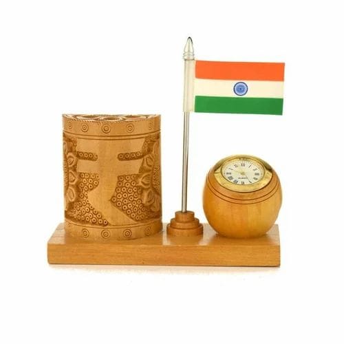 Wooden pen stand with clock and flag view 2