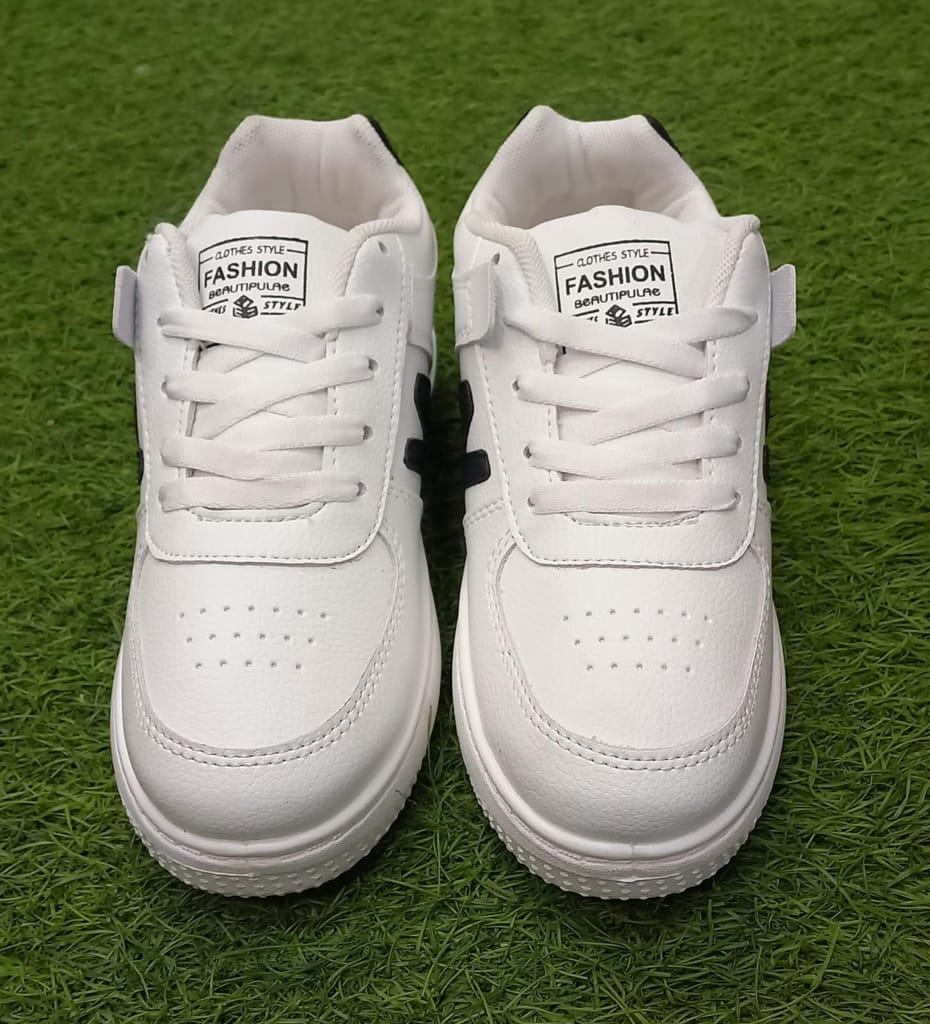White Leather Sneakers with Black Stripe and Velcro Closure view 2