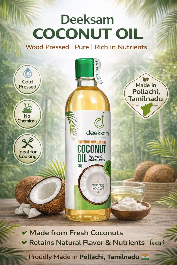 Deeksam Wood Pressed Coconut Oil | Pure Chekku Thengai Ennai | 100% Natural & Unrefined | Edible Grade | 500ML