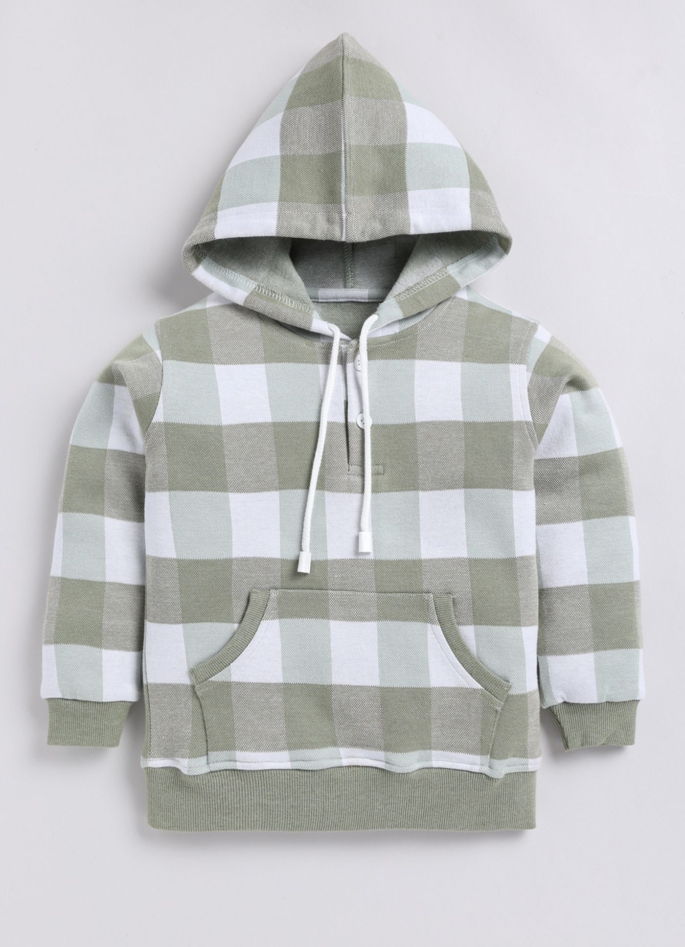 Green and White Checkered Full Sleeves Hooded Sweatshirt for Boys