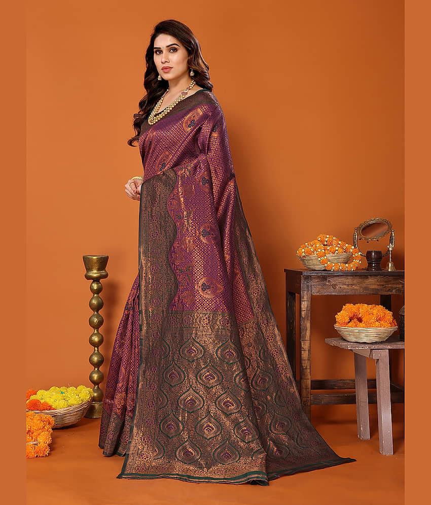 BLEESBURY Kanjivaram Woven Saree With Unstitched Blouse Piece ( Burgundy ) view 2