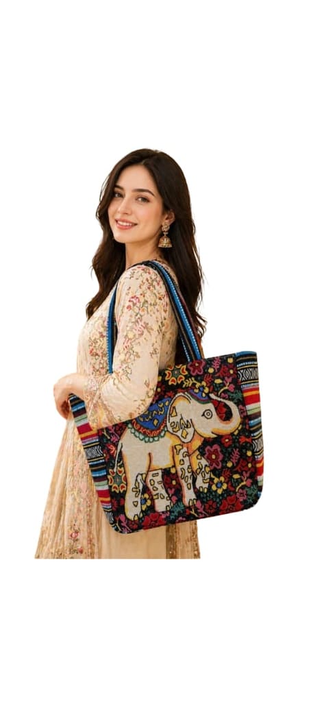 Handicraft Elephant Embroidered Tote Bag with Striped Sides view 2