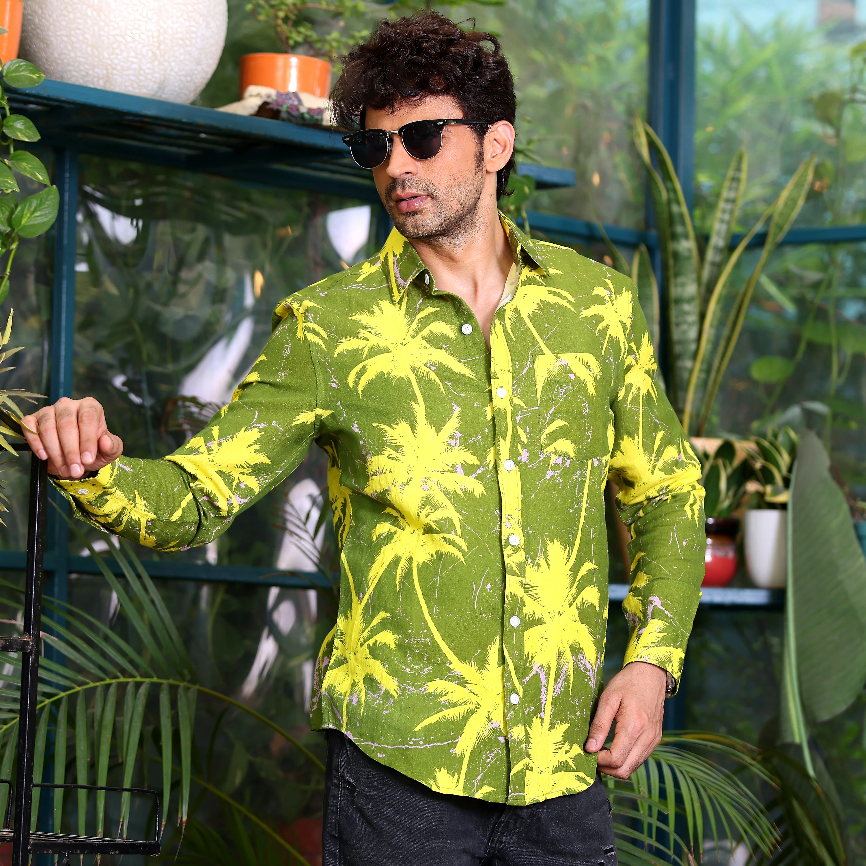 Coconut Tree Dark Lemon Casual Pure Linen Full Shirt (Size - XXL) by BLUE EAGLE view 2