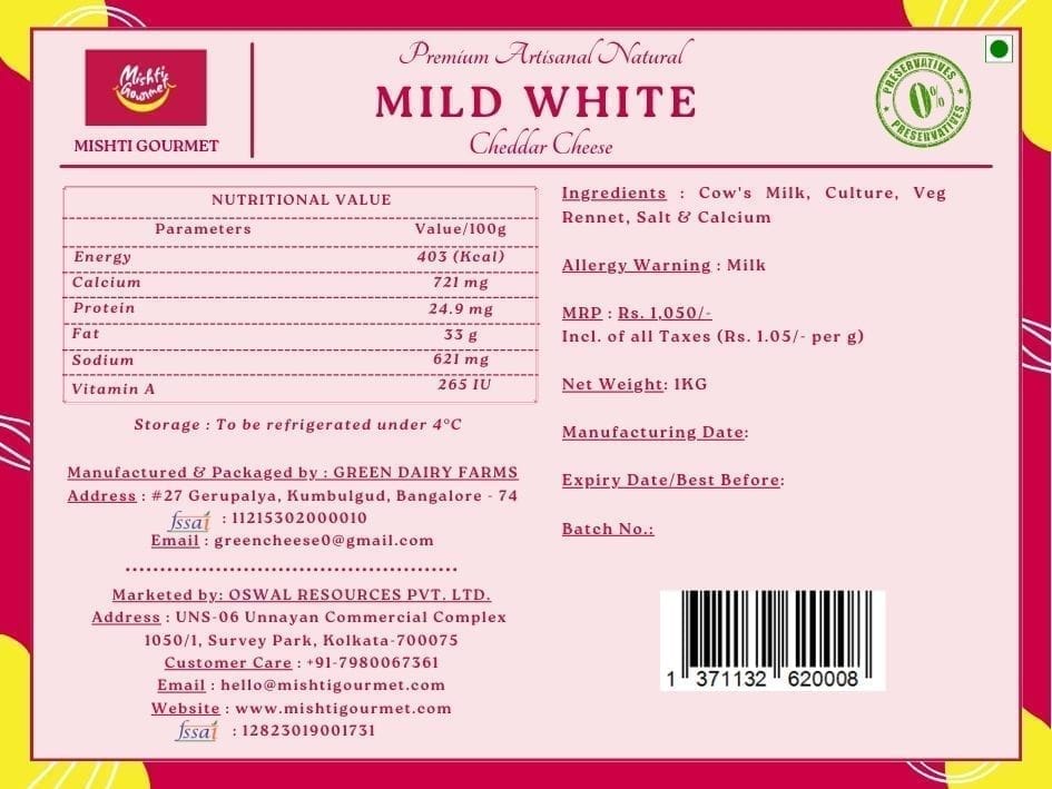 Mishti Gourmet Mild White Cheddar 1kg view 2