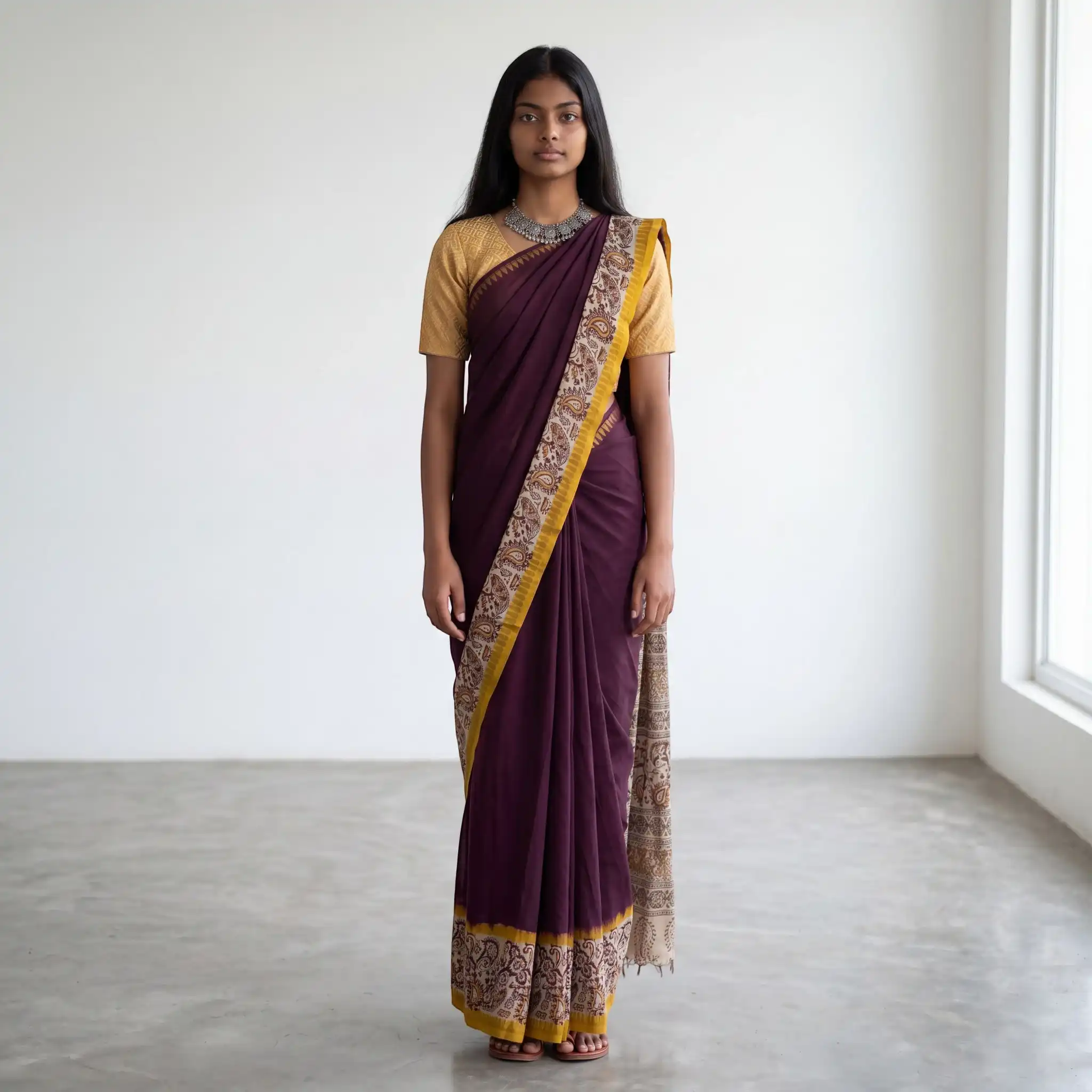 Pedana Kalamkari Semi Pattu Saree with Mustard Border