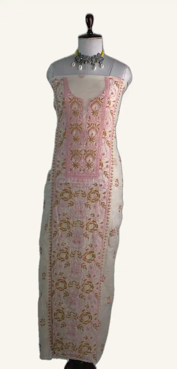 Chikankari Mul Chanderi Pink Mustard Floral Dress Material view 2