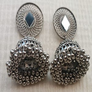 Oxidized Silver Mirror Jhumka Earrings – Timeless Elegance with Intricate Craftsmanship view 2