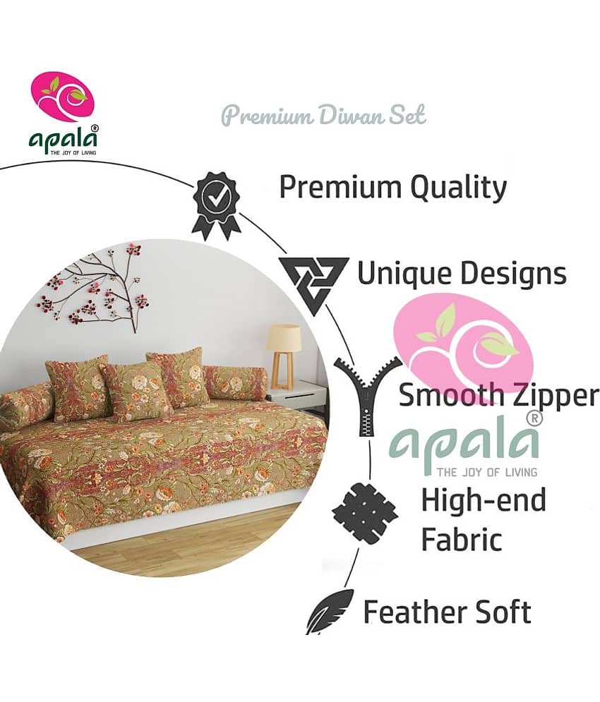Apala Cotton Floral Diwan Set 6 Pcs - Brown view 2