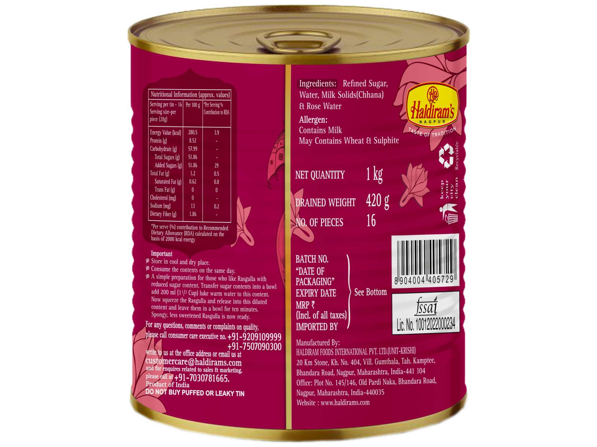 Haldiram's Rasgulla Tin Sweets - 1 Kg view 2