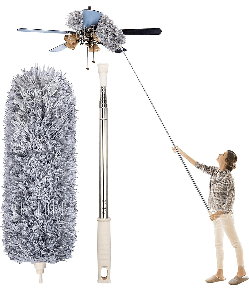 Microfiber Long Feather Duster- Bendable & Detachable Fan Cleaning Duster with 100 inches Expandable Pole Handle, Washable, Stainless Steel Handle for Ceiling, Wall, Window Blinds, Furniture