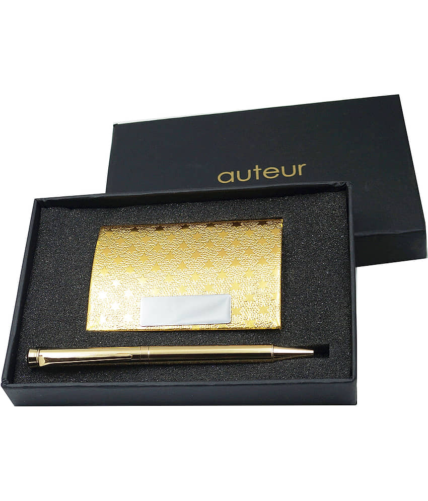 auteur 2in1 Corporate Gift Set 1420 Top Diamond Golden (Blue Ink) Ball Pen With Premium RFID safe Golden Pu Leather Card Wallet Magnetic Clouser Ideal for Every Gifting Occasion| Gift For Men|Women|Boss|Friends|Birthday|Anniversary(VCH-31) view 2