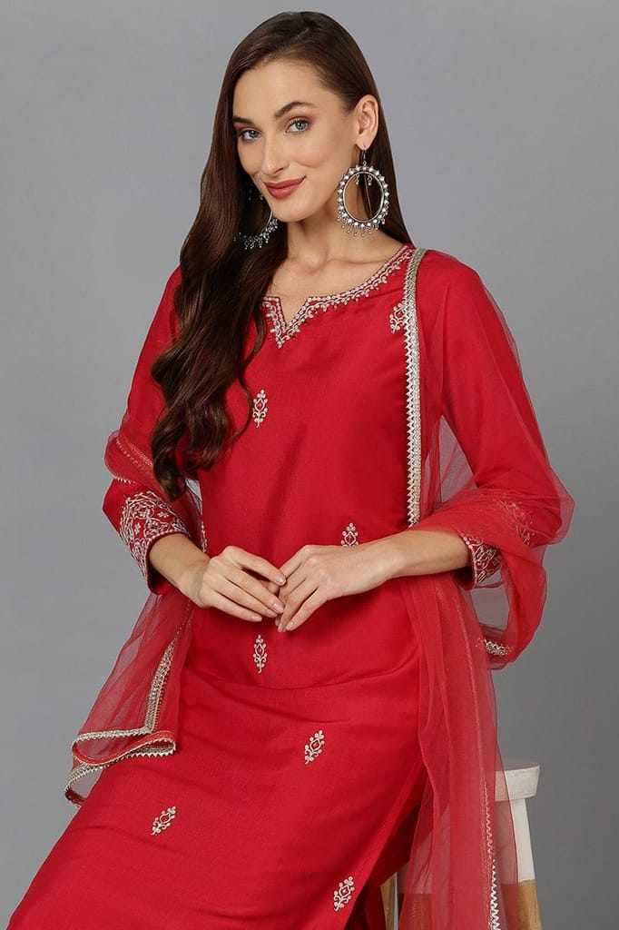 Red Silk Blend Straight Kurta Pant With Dupatta PKSKD1929 view 2