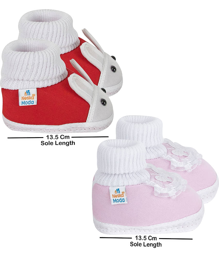 Neska Moda Set of 2 Pair Baby Boys & Baby Girls Cotton Booties For 12 to 24 Months (Red,Pink) view 2