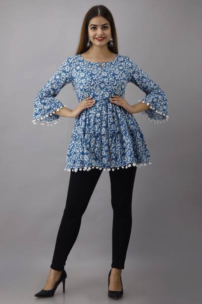 Casual Bell Sleeves Printed Women Light Blue Top view 2