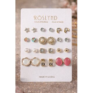 Haya AURA Korean 12 Pcs Stud Earrings Combo for Women Girls Assorted Crystal, Pearl, Floral Gold-Tone Designs Li