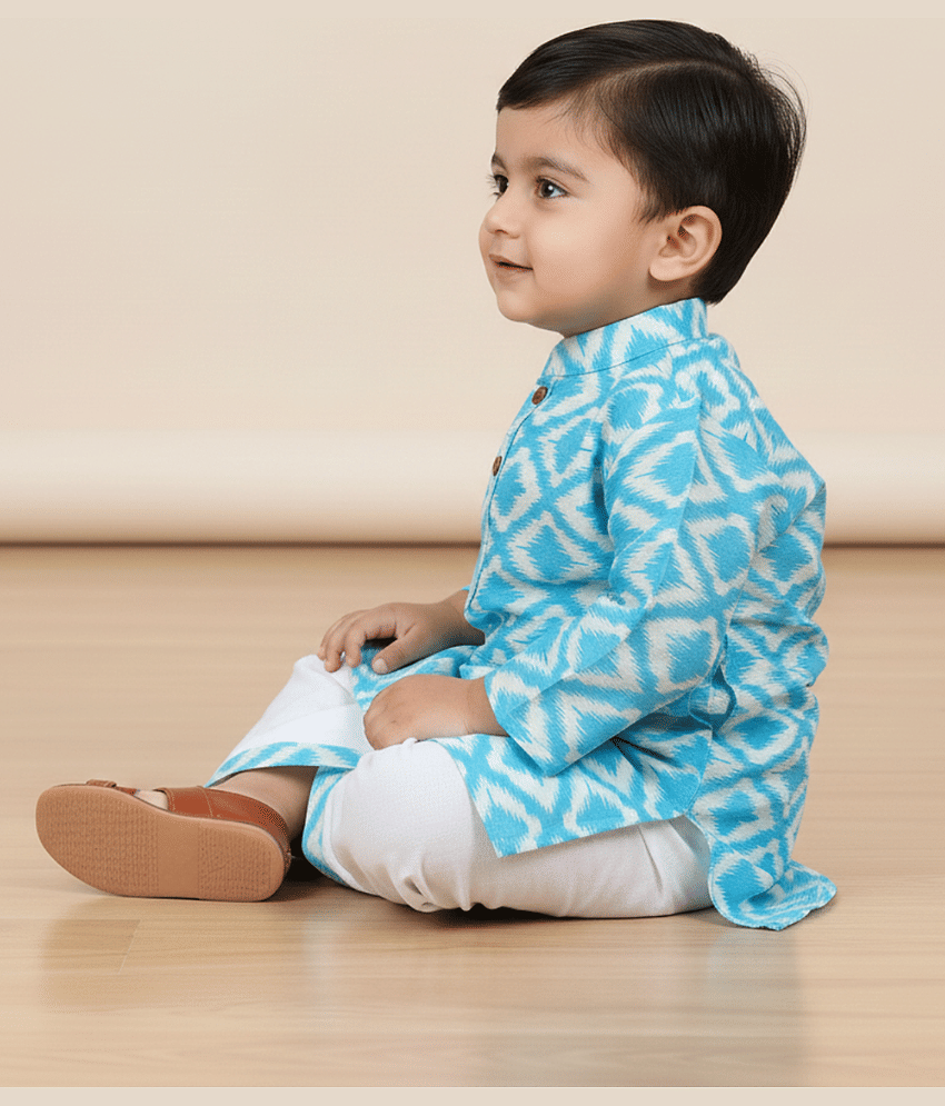 mustmom Baby Boys Cotton Blend Blue,White Dhoti Kurta Set ( Pack of 1 ) view 2