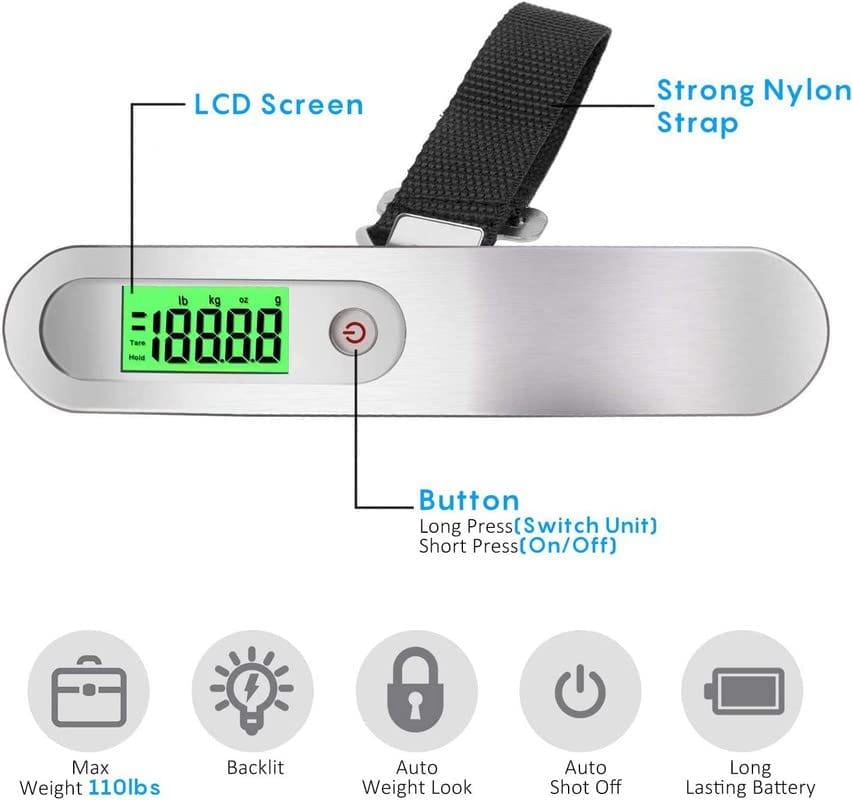GLOBAL IMPEX Digital Metal Luggage Weighing Scale For Flight Travel Shop Home Portable Hanging Weight Machine For Bags And Baggage Included Battery - 50 Kg LCD Display Steel (Pack of 1) view 2