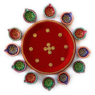 Terracotta Hand Made Diya With Thali (Pack of 13) Table Diya Set (Height 4 inch) view 2