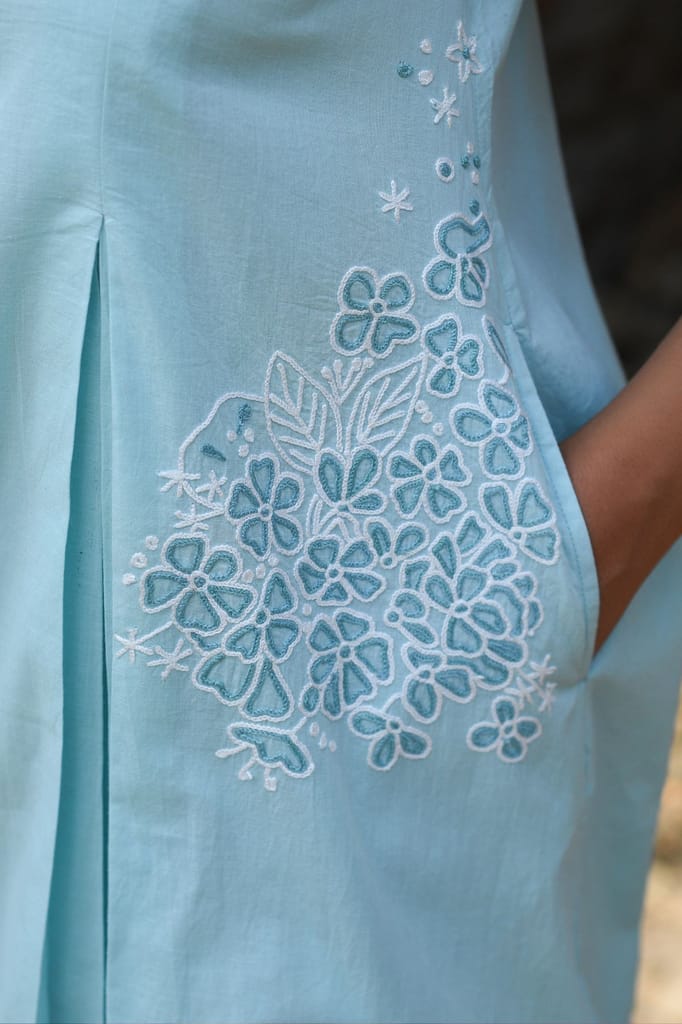 Nargis Blue Kashmiri Crewel Hand Embroidered Long Cotton Dress view 2