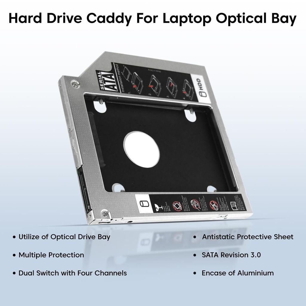 Universal SATA to SATA 2nd HDD SSD Hard Drive Caddy Casing for Laptop CD/DVD-ROM Optical Drive Bay, Includes Screwdriver and Installation Screws view 2