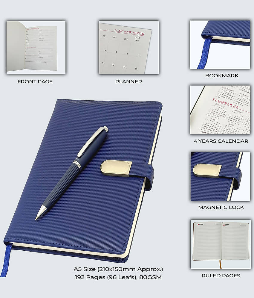 UJJi A5 Business Notebook, Blue Lined PU Leather Cover, 192 Pages, Magnetic Lock, Monthly Planner, 21x15 cm view 2