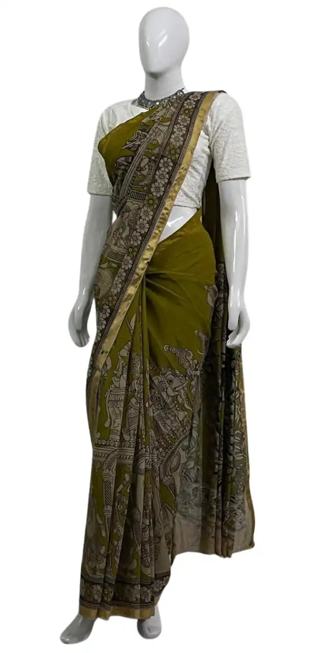 Kalamkari Cotton Saree Mehendi Green Temple Dancer Pallu view 2