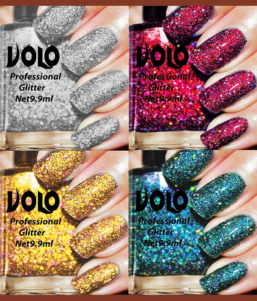 VOLO Professionally Used Glitter Shine Nail Polish Silver,Magenta,Gold Blue Pack of 4 39 mL view 2