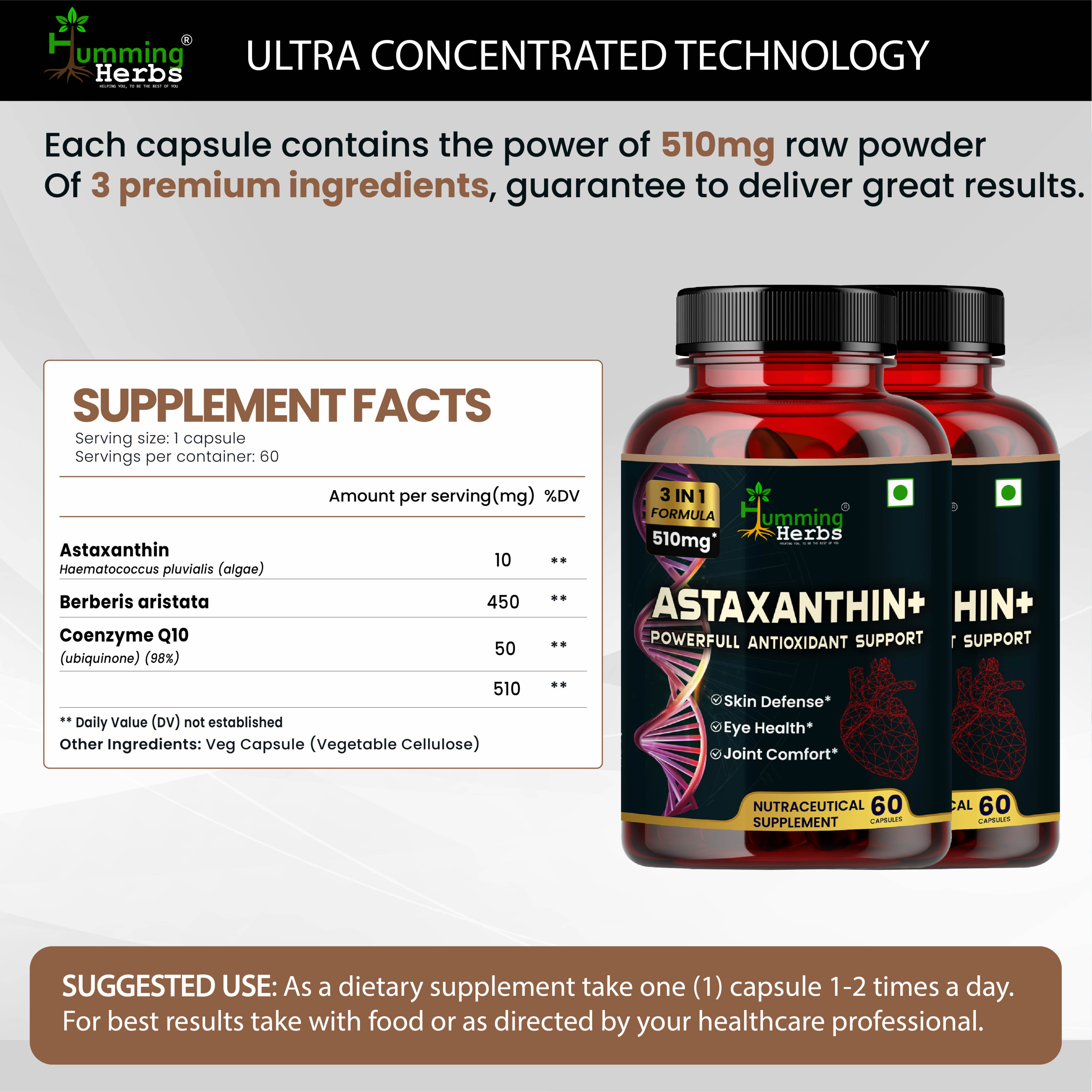Humming Herbs Astaxanthin Plus with Coenzyme Q10 & Berberis Aristata for Great Antioxidant Support - Promotes Skin Health, Eye Protection & Joint Comfort- Pack of 2 view 2