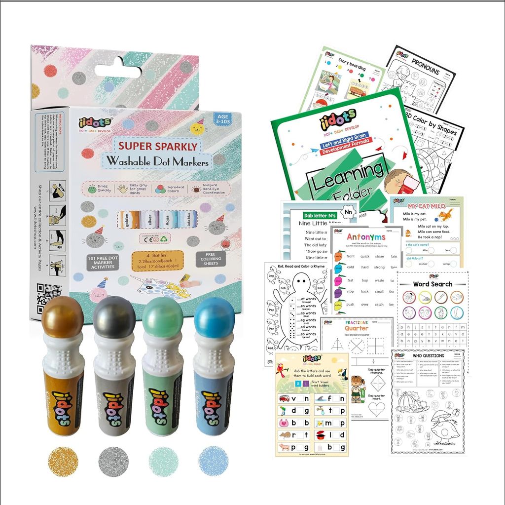 IIDOTS Washable Dot & Dab Metallic Shimmer Markers with 40 Printed Logical Reasoning Worksheets | Set of 4 Jumbo & Non - Toxic Markers for Kids & Toddlers | 350 + Brain Development and Drawing & Craft E-Sheets | 60ml in Each Bottle