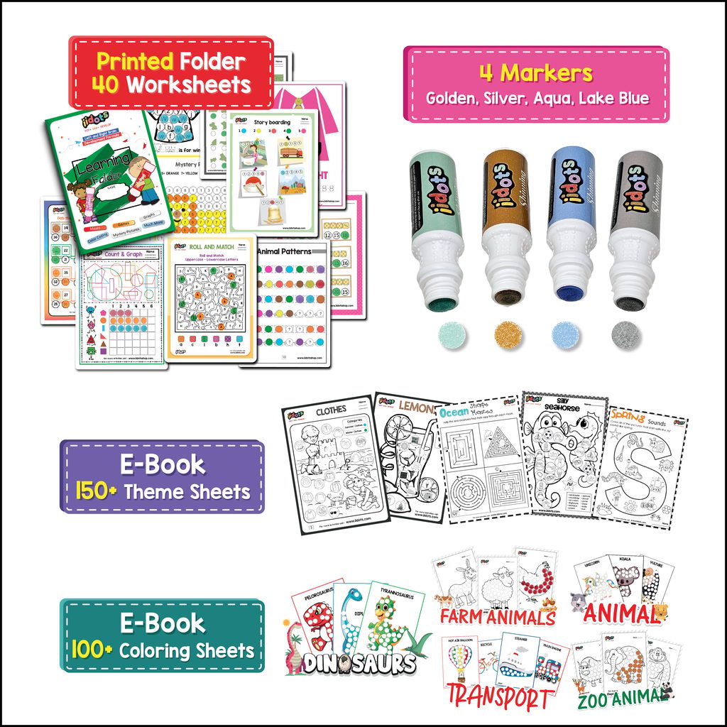 IIDOTS Washable Dot & Dab Metallic Shimmer Markers with 40 Printed Logical Reasoning Worksheets | Set of 4 Jumbo & Non - Toxic Markers for Kids & Toddlers | 350 + Brain Development and Drawing & Craft E-Sheets | 60ml in Each Bottle view 2