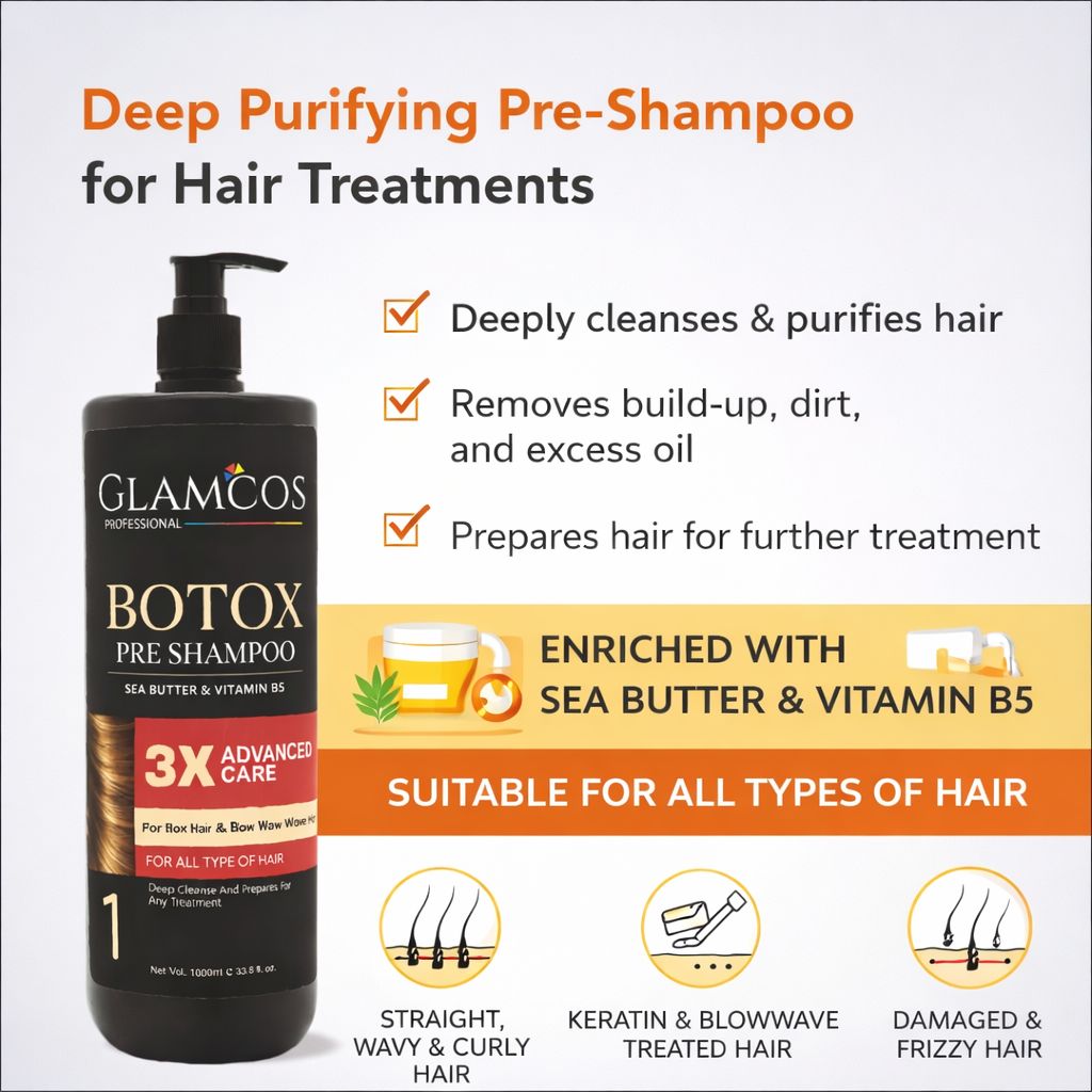 Glamcos Professional Botox Pre Shampoo | Deep Cleansing & Cuticle Prep | Smoothening & Frizz Control | Salon Professional | 1000ml view 2