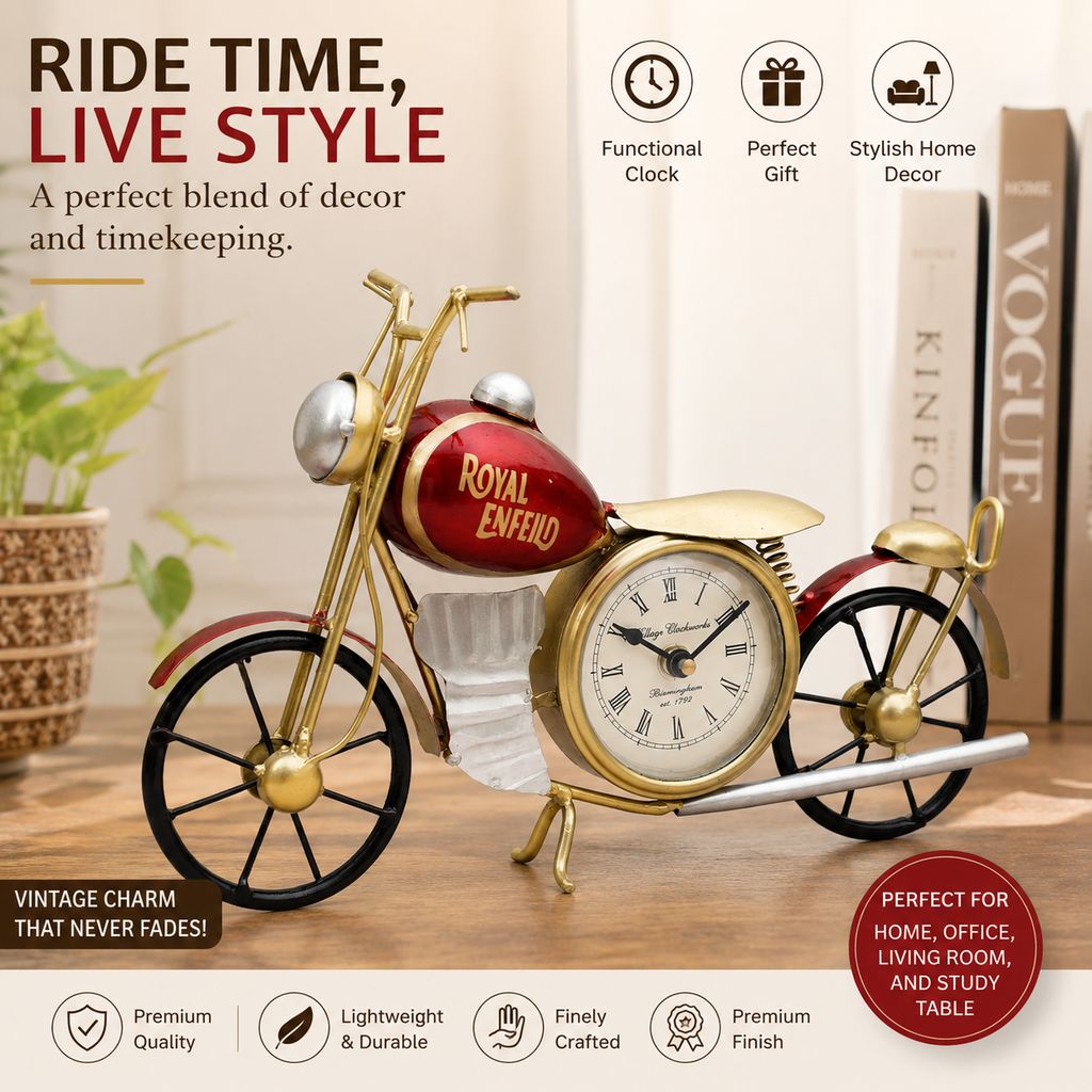Decoriee Vintage Motorcycle Table Clock Metal Decorative Showpiece Antique Bike Desk Clock Retro Home Office Living Room Decoration
