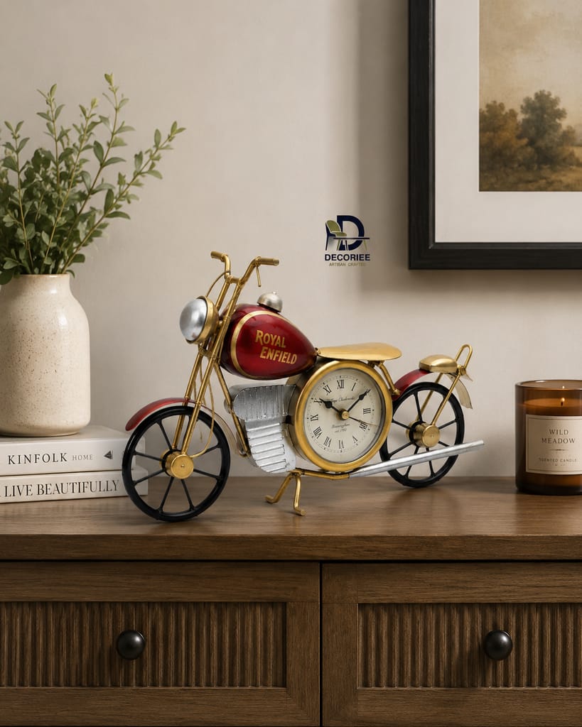 Decoriee Vintage Motorcycle Table Clock Metal Decorative Showpiece Antique Bike Desk Clock Retro Home Office Living Room Decoration view 2