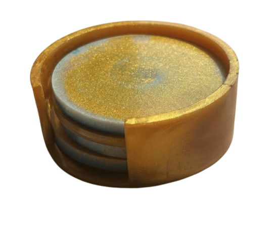Gold and Blue Epoxy Resin Coasters with Holder [6 pcs in a set]