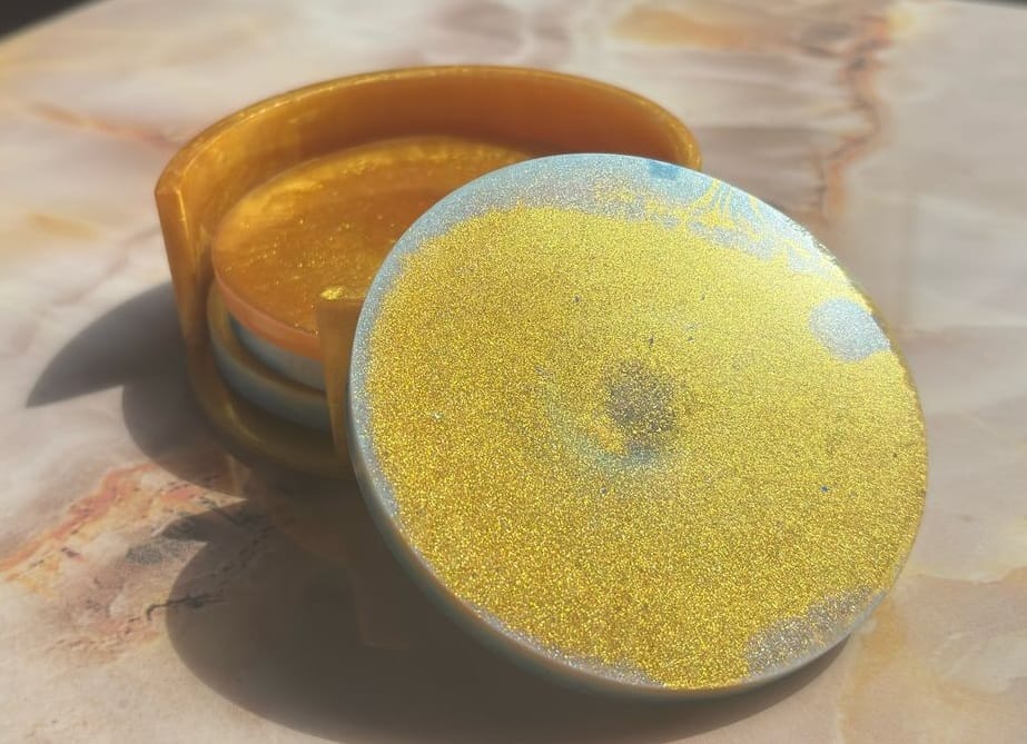 Gold and Blue Epoxy Resin Coasters with Holder [6 pcs in a set] view 2