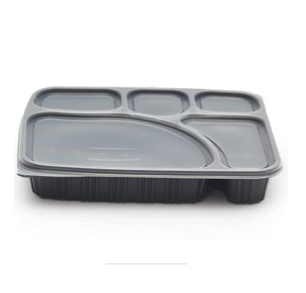 Divatos 5CP Meal Tray with LID Black | Microwave & Fridge Safe | Compartment Plates for Dinner Lunch | BPA Free Virgin Plastic | Restaurants & Cloud Kitchen Food Delivery (Set of 25)