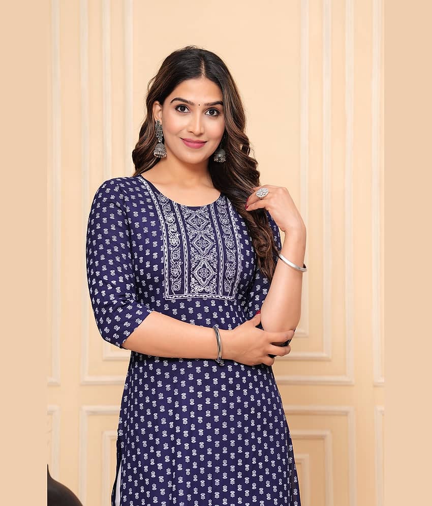 GlowWorld Rayon Embroidered Straight Women's Kurti - Navy ( Pack of 1 ) view 2