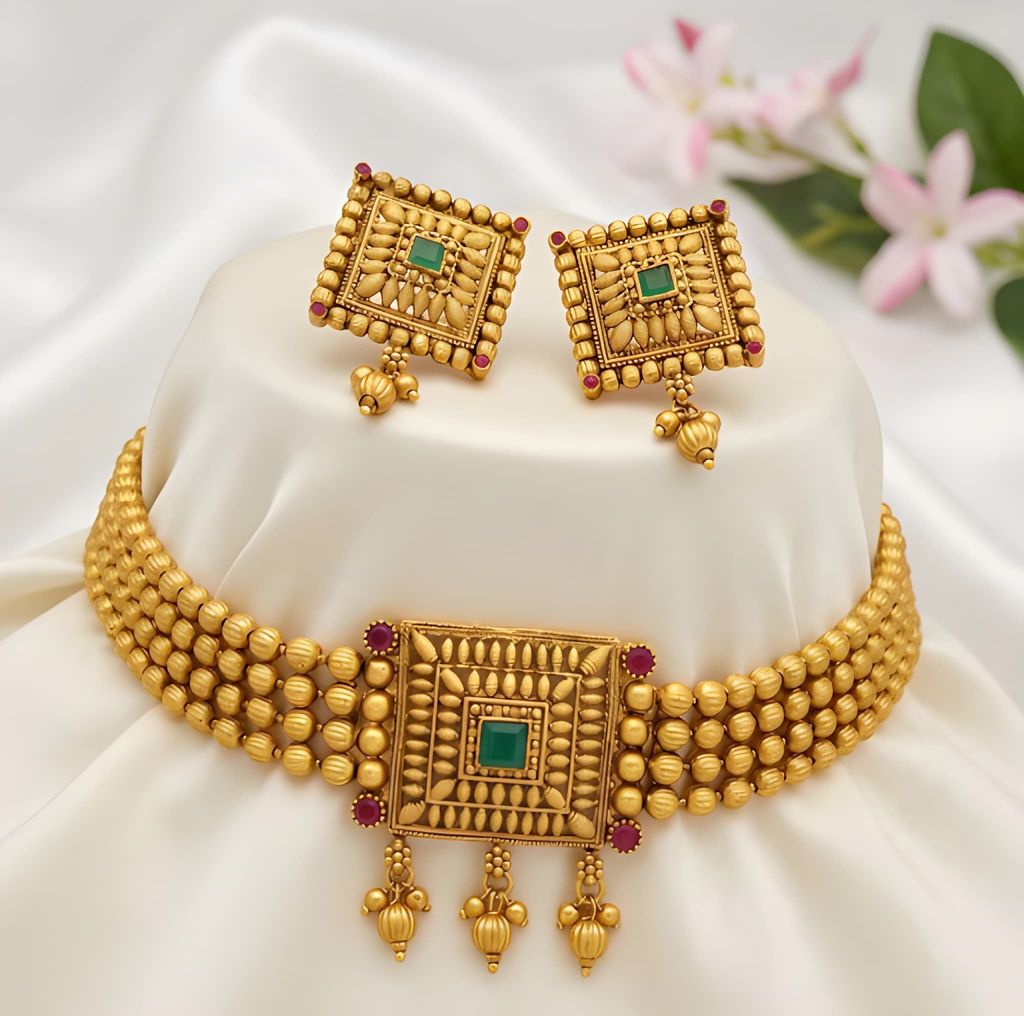 Gold Plated Chick Set Chowki Necklace Set with Matching Earrings for Women Traditional Ethnic Jewellery for Wedding Party Festive Wear